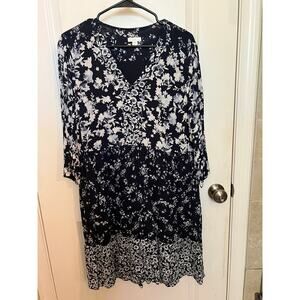 J. Jill Women's Floral Pleated V Neck 3/4 Sleeve Dress M Navy Blue 100% Rayon